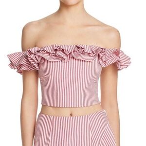 WAYF Striped Ruffle Off the Shoulder Crop Top